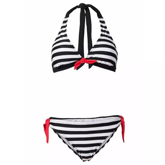 New! Black and White Striped Halter Bikini - Picture 5 of 7
